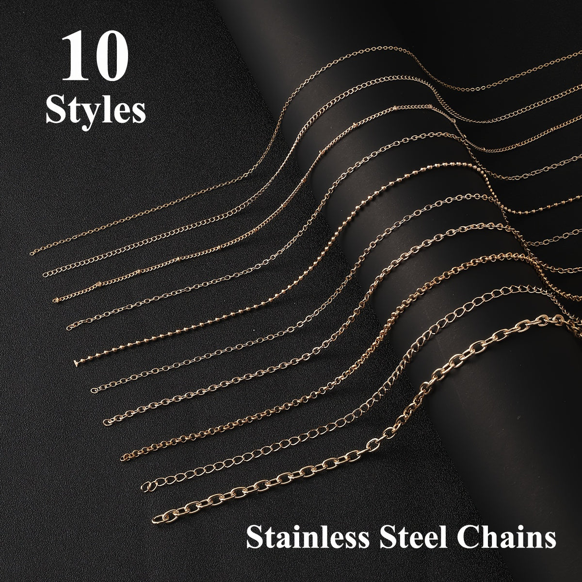 Assorted Jewelry Making Chains in 10 Styles, Stainless Steel Chain Supplies in Golden or Silvery Colors for DIY Necklaces, Bracelets and Handmade Accessories