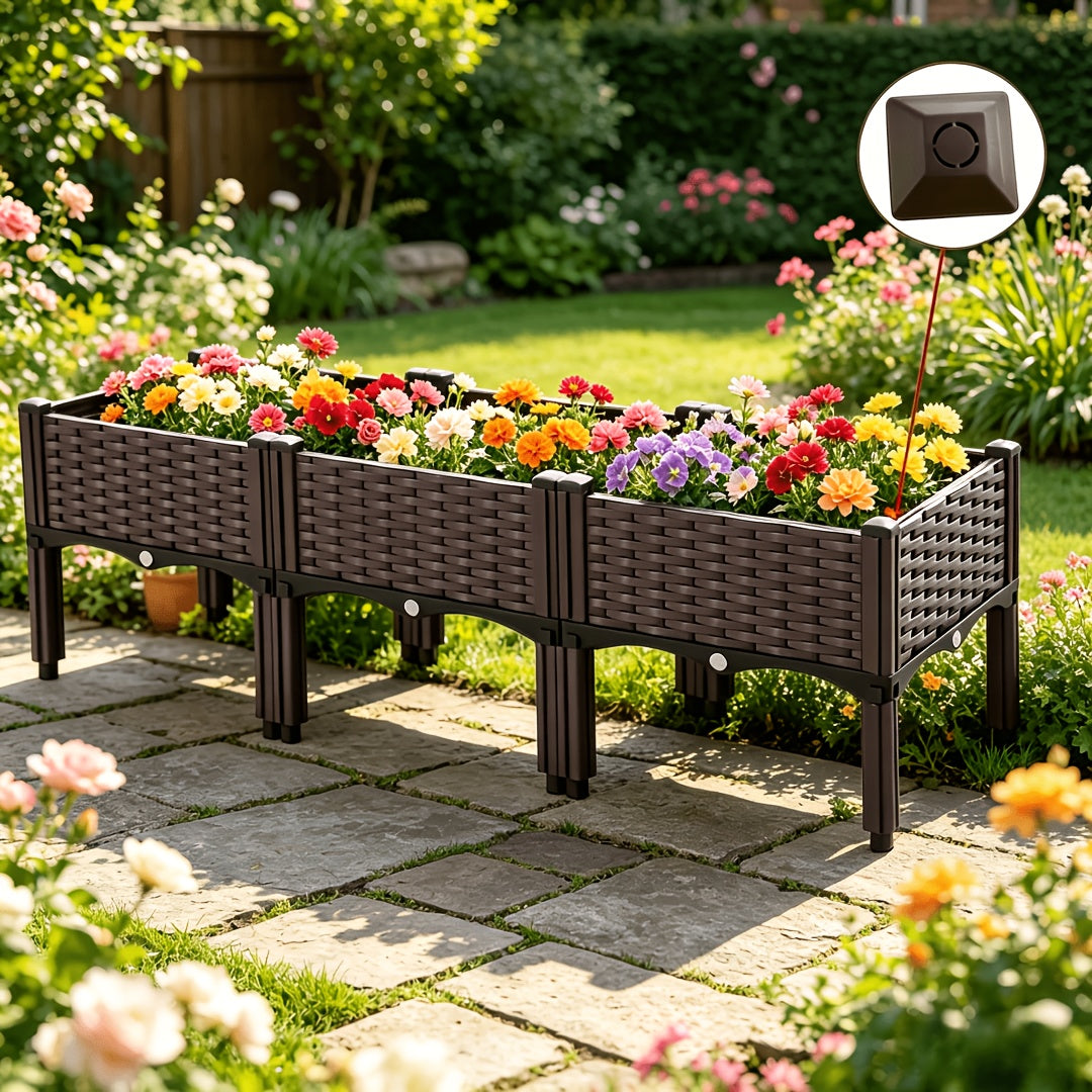 Raised Garden Bed with Legs by SKYNEST, Brown Plastic Planter with Listed Drainage System and One- to Four-Box Options for Outdoor Herbs and Vegetables