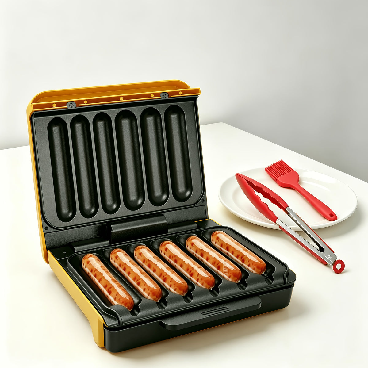 Six-Slot Electric Hot Dog Maker, Nonstick Sausage Grill with Grease Drip Tray, Power and Ready Indicator Lights, Cord Storage for Breakfasts and Snacks