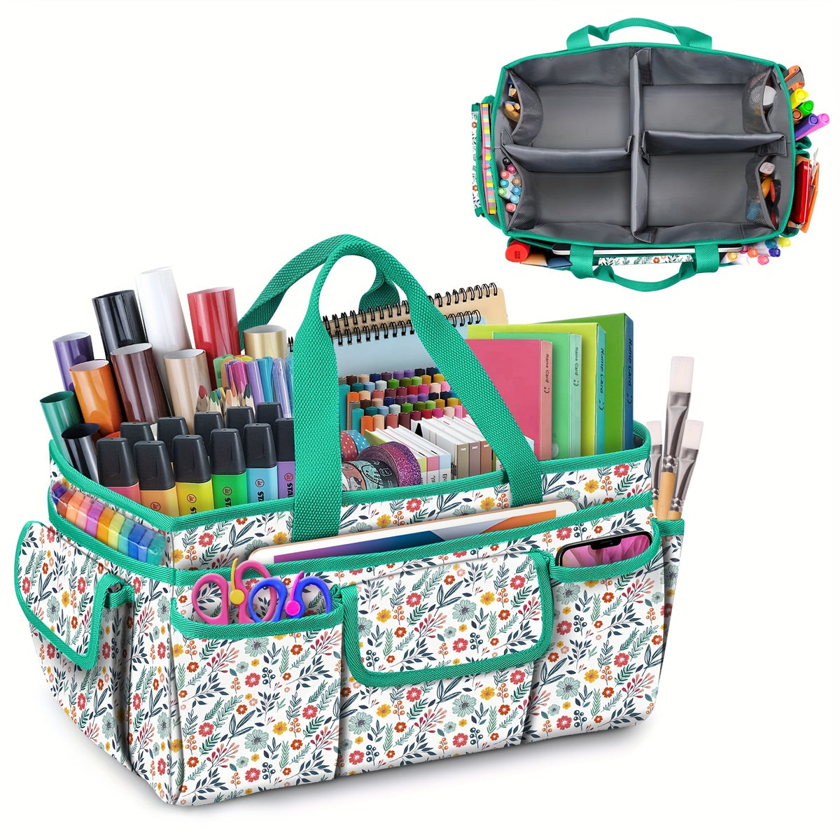 Craft Storage Tote Bag by FINPAC, Spring Floral Polyester Organizer with 12 External Pockets and Carry Handle, 14.5 x 9 x 8 Inches for Sewing and Art, Bag Only
