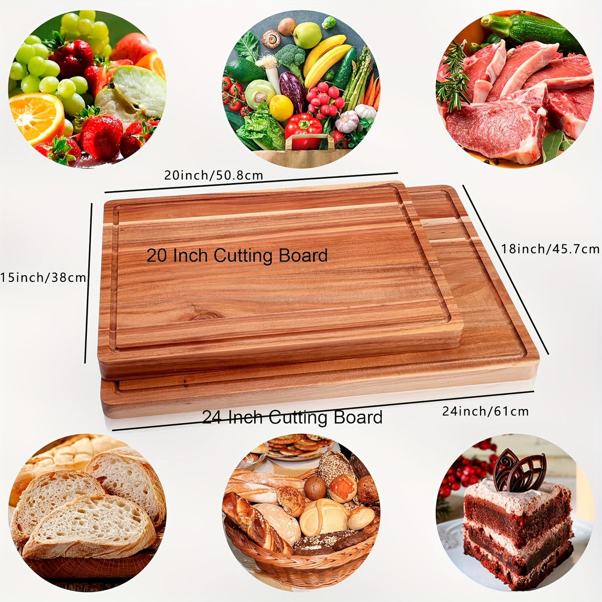 Large Wooden and Bamboo Cutting Board with Listed Juice Trough, Ordinary and Upgrade Size Options for Kitchen Food Preparation, Cheese Serving and Everyday Chopping