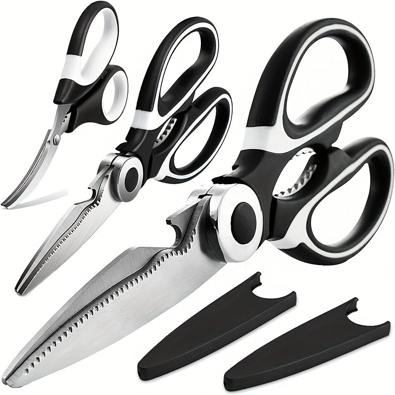 Kitchen Scissors 3-Pack, Heavy Duty Stainless Steel Cooking Shears for Meat, Fish and Poultry Preparation, Black White Multipurpose Food Cutting Set
