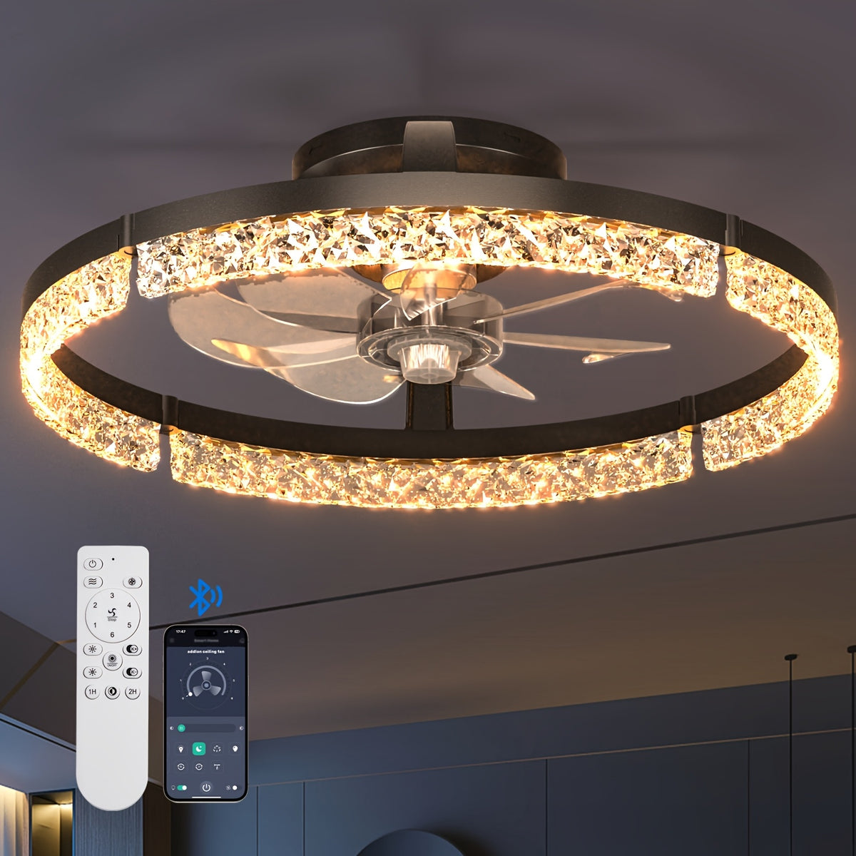 Black Flush Mount Ceiling Fan with LED Light and Remote, Listed 20-Inch Low-Profile Fandelier with Stepless Dimming and 3000K–6000K Lighting for Indoor Rooms