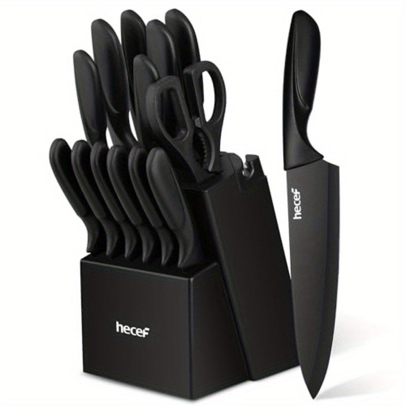 Nonstick Kitchen Knife Set with Stainless Steel Blades, Listed 15-Piece Collection with Wooden Block, Scissors and Lightweight Handles for Home Meal Prep