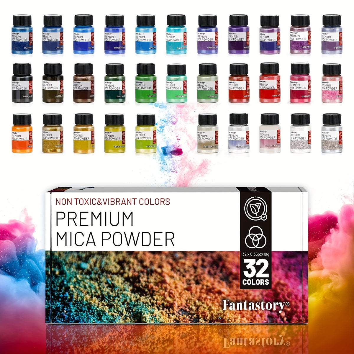 Pearlescent Mica Powder by Fantastory, 32-Color Pigment Art Set for Compatible Epoxy Resin Projects, Decorative Casting and Creative Handmade Craft Designs