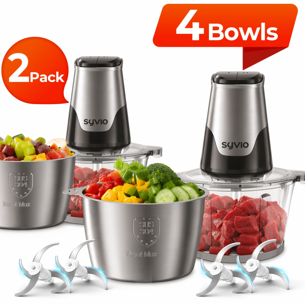 450W Two-Bowl Food Processor with Two Speed Settings and Four Bi-Level Blades, Electric Meat and Vegetable Chopper for Onions and Everyday Meal Prep