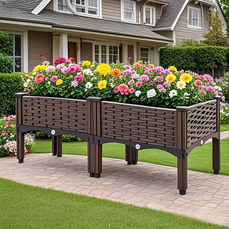 Raised Garden Bed with Legs by SKYNEST, Brown Plastic Planter with Listed Drainage System and One- to Four-Box Options for Outdoor Herbs and Vegetables