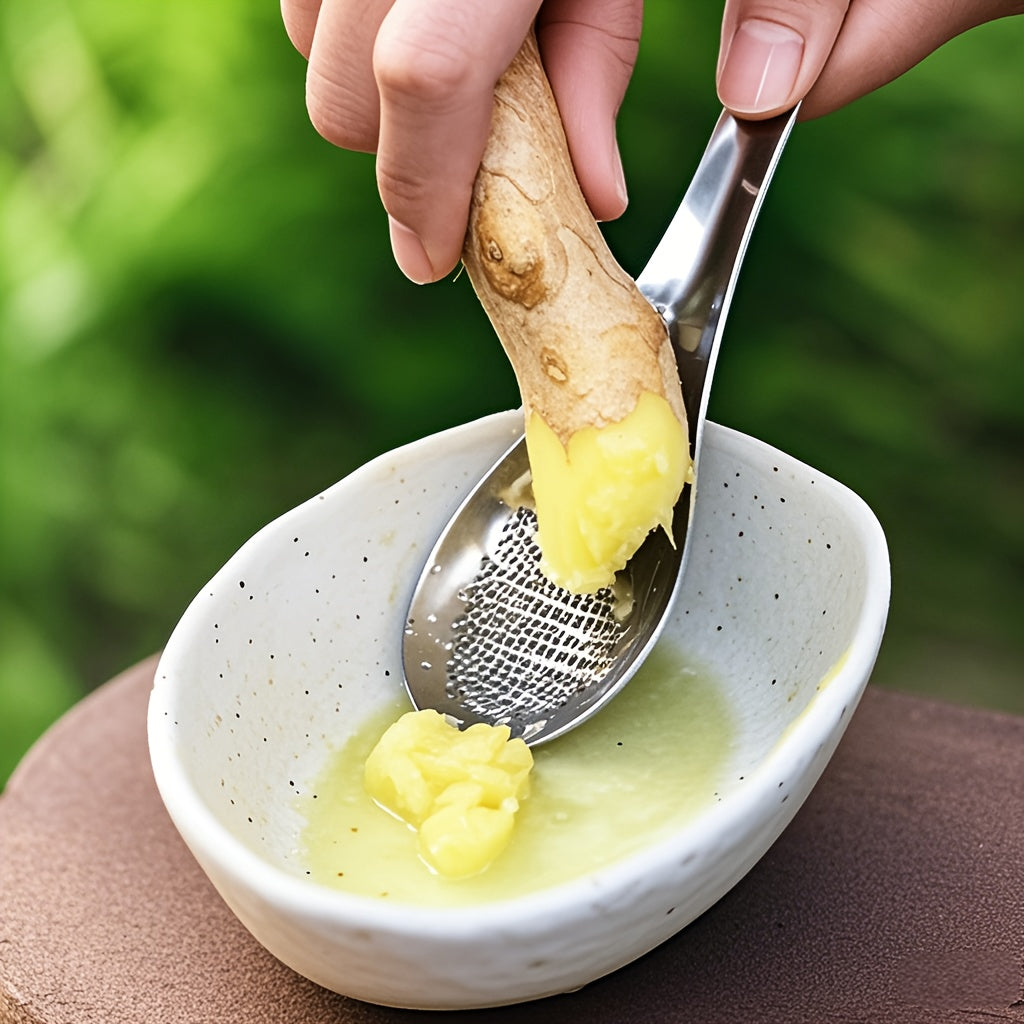 Ginger Grater Spoon, One-Piece Stainless Steel Manual Garlic Masher and Ginger Preparation Tool for Homemade Sauces, Dressings and Everyday Cooking