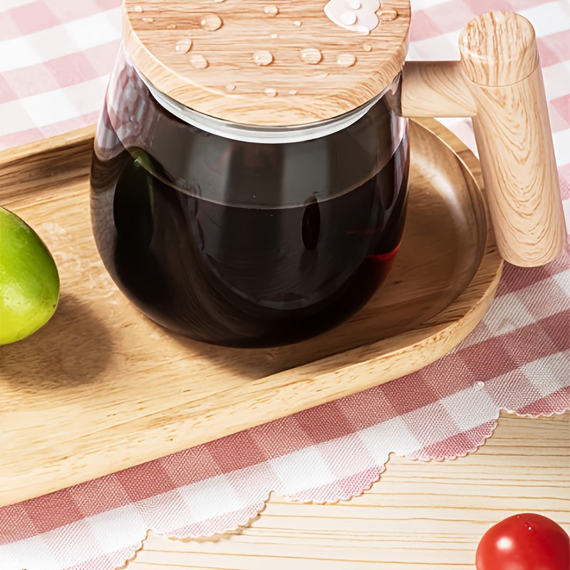Self-Stirring Mug 400ml OBS-JB01 with Listed 8cm Stirring Bar, Borosilicate Glass and Imitation-Wood Plastic Design for Coffee, Milk and Compatible Powdered Drinks