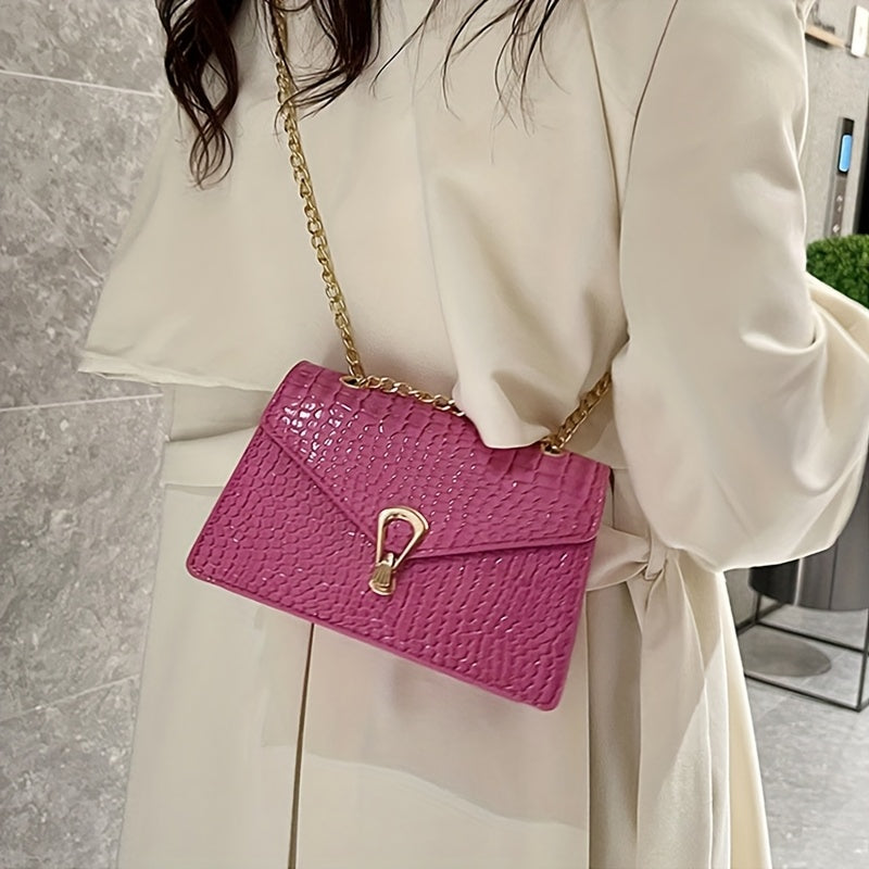 Reptile-Pattern Crossbody Bag for Women with Chain Strap Styling and Gold-Tone Hardware, White, Green or Rose Red Shoulder Purse for Casual and Evening Outfits