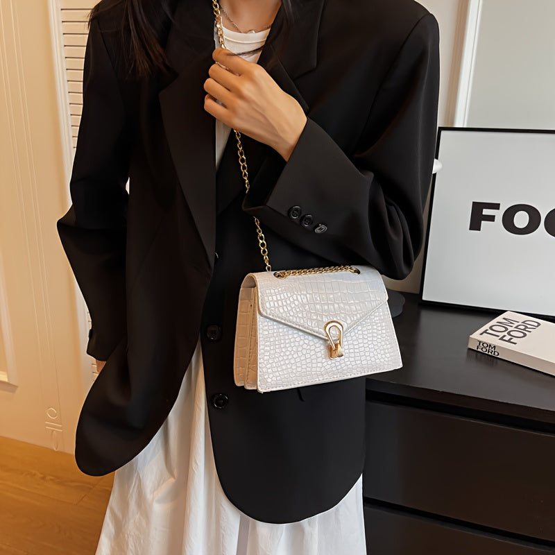 Reptile-Pattern Crossbody Bag for Women with Chain Strap Styling and Gold-Tone Hardware, White, Green or Rose Red Shoulder Purse for Casual and Evening Outfits