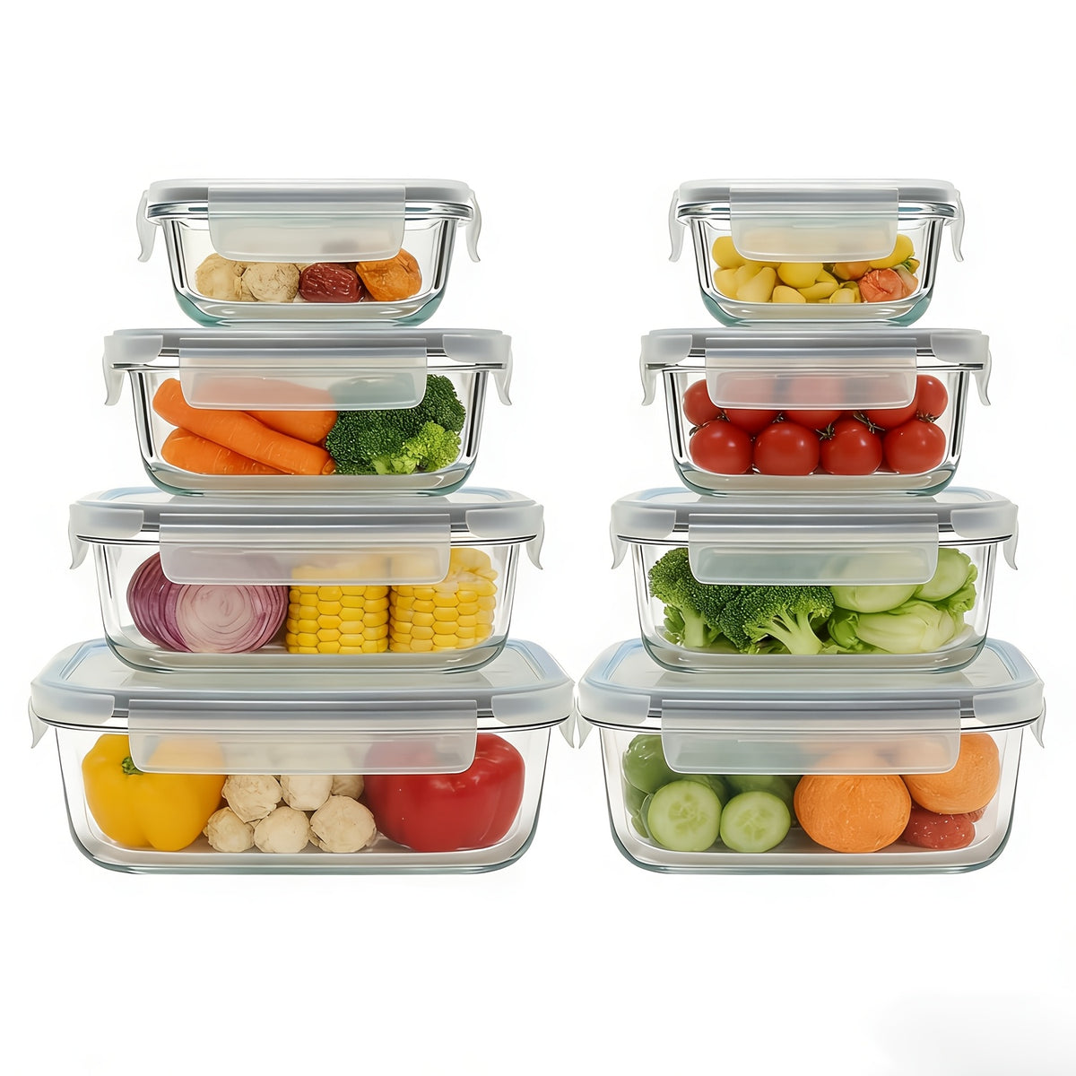 Glass Food Storage Containers for Bento Lunch Portions and Everyday Meal Prep, Listed Eight-Piece Kitchen Organization Set in Pink, Gray, Blue or Green