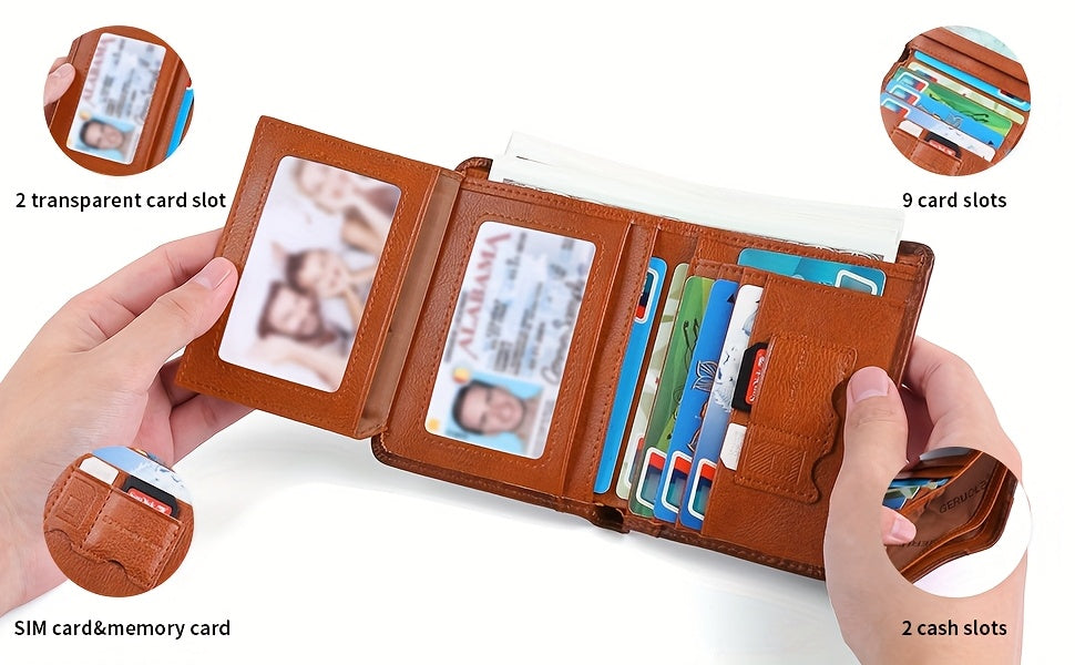 RFID Blocking Leather Wallet for Men with Listed Two ID Windows and Vintage Short Design, Yellow Brown, Grey Blue and Black Bifold Style Options