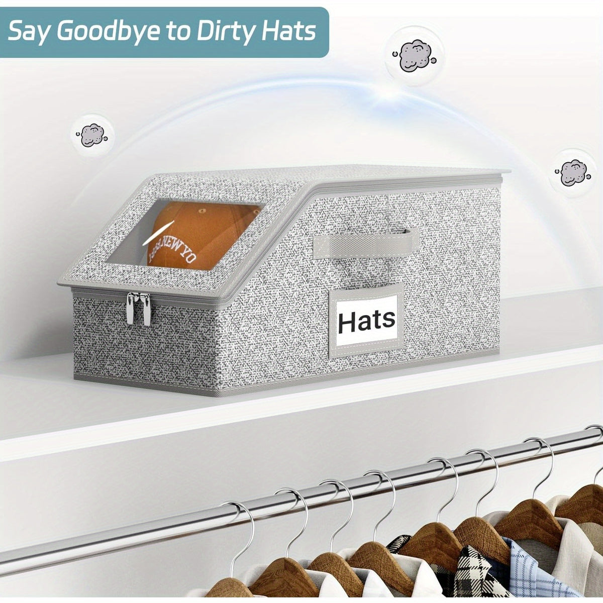 Stackable Baseball Cap Storage Boxes with Clear Viewing Window, Gray Hat Organizers in 2 or 4-Piece Sets for Closet Shelves, Socks and Small Accessories