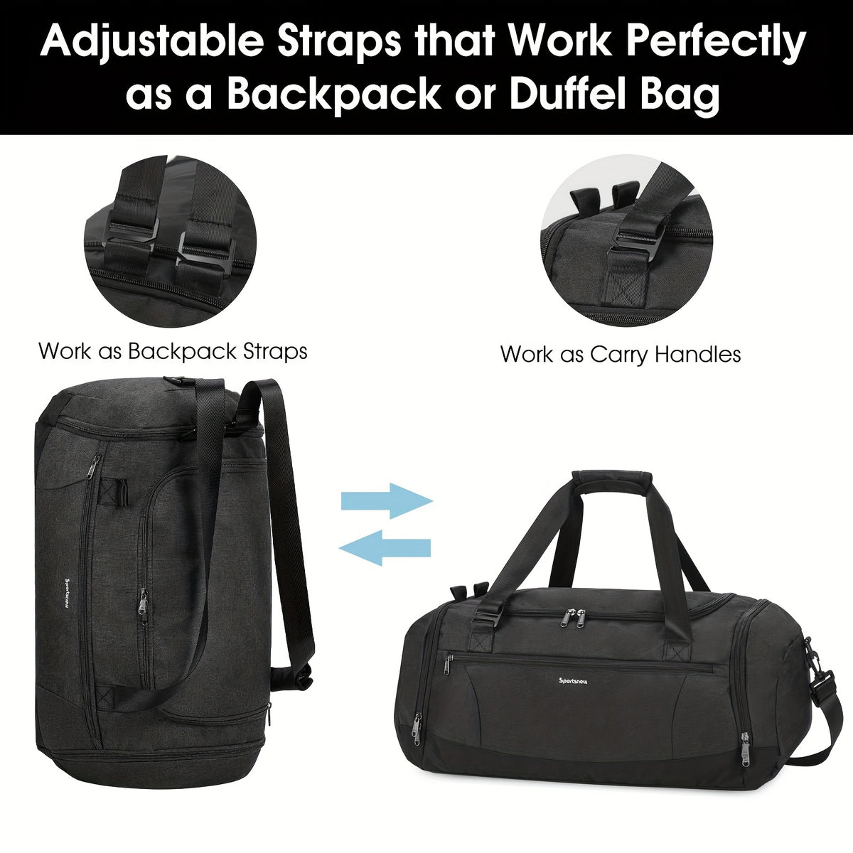 Travel Duffel Bag with Shoe Compartment and Wet Pocket, Adjustable Shoulder Strap and Bottle Holders for Men and Women, Gym and Weekend Trip Carry
