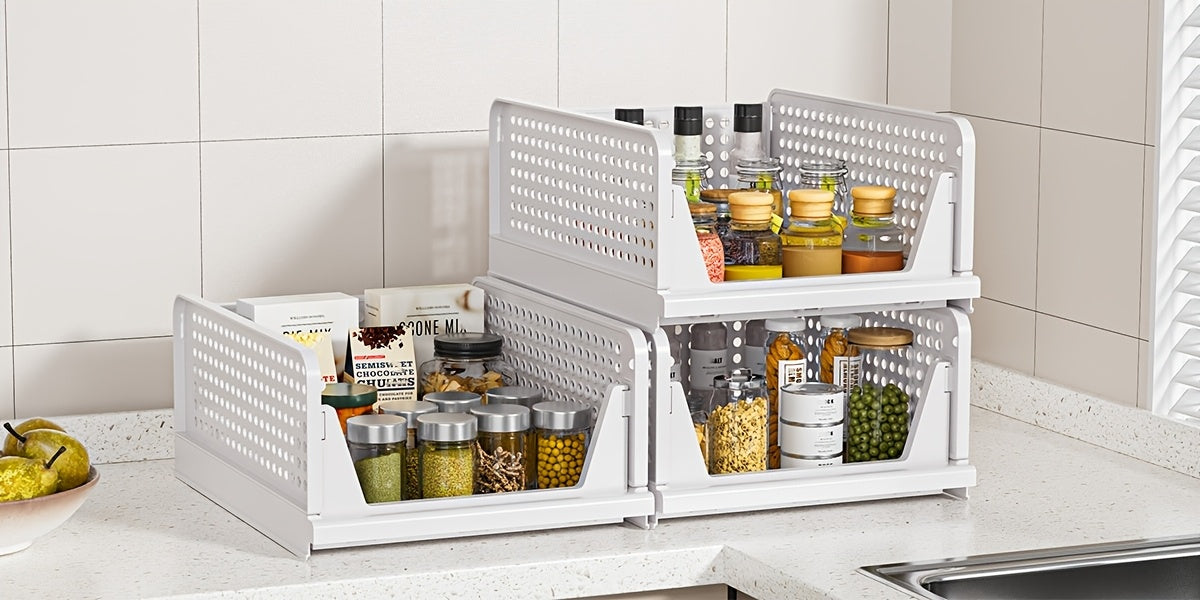 Stackable Closet Storage Baskets, 3-Piece Foldable Organizer Set with Listed 16.73 x 13.11 x 7.2 Inch Bins for Clothes, Files and Household Essentials