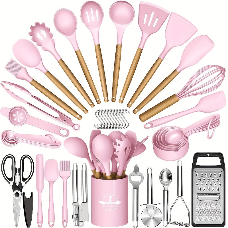 Silicone Cooking Utensil Set, 37 or 44-Piece Kitchen Tool Options in Five Colors for Beginner Cooks, Everyday Meal Preparation and Housewarming Gifts