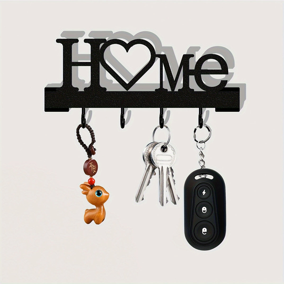 Home Love Key Hook Organizer for Wall-Mounted Entryway Storage, Single Decorative No-Drill Key Rack in Black, White, Grey or Blue for Hallways and Living Rooms