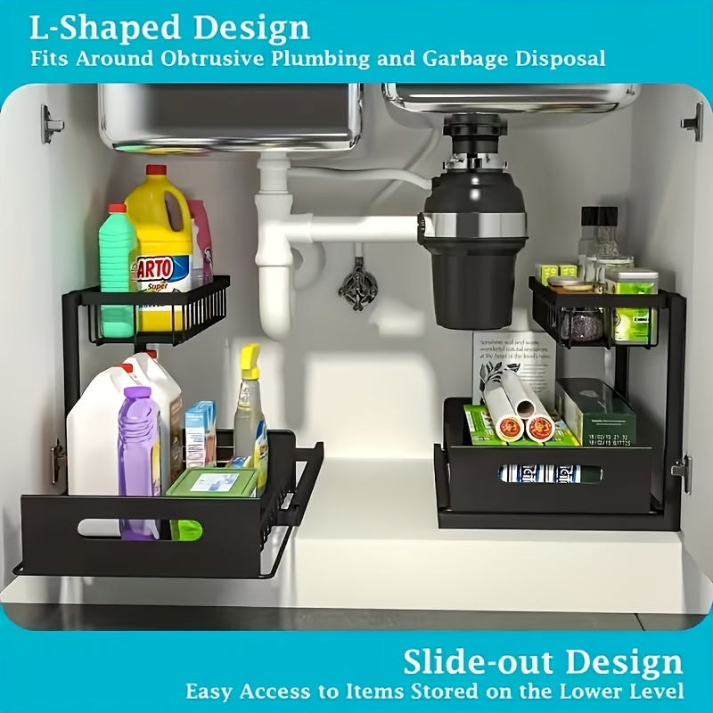 Under Sink Organizer in Black with 2-Tier Slide-Out Storage, Pull-Out Cabinet Shelf for Kitchen and Bathroom Essentials, Single or Two-Pack Options