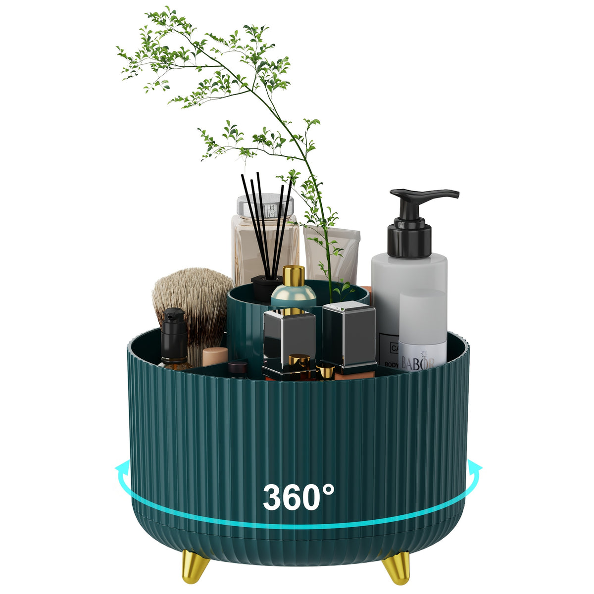 Rotating Makeup Organizer with Five Compartments, 360-Degree Plastic Cosmetic Brush and Lipstick Holder with Stripe Design for Vanity Storage and Desk Stationery