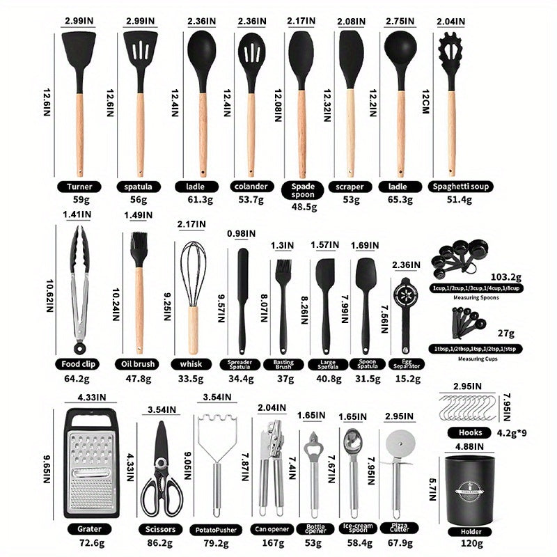 Silicone Cooking Utensil Set, 37 or 44-Piece Kitchen Tool Options in Five Colors for Beginner Cooks, Everyday Meal Preparation and Housewarming Gifts