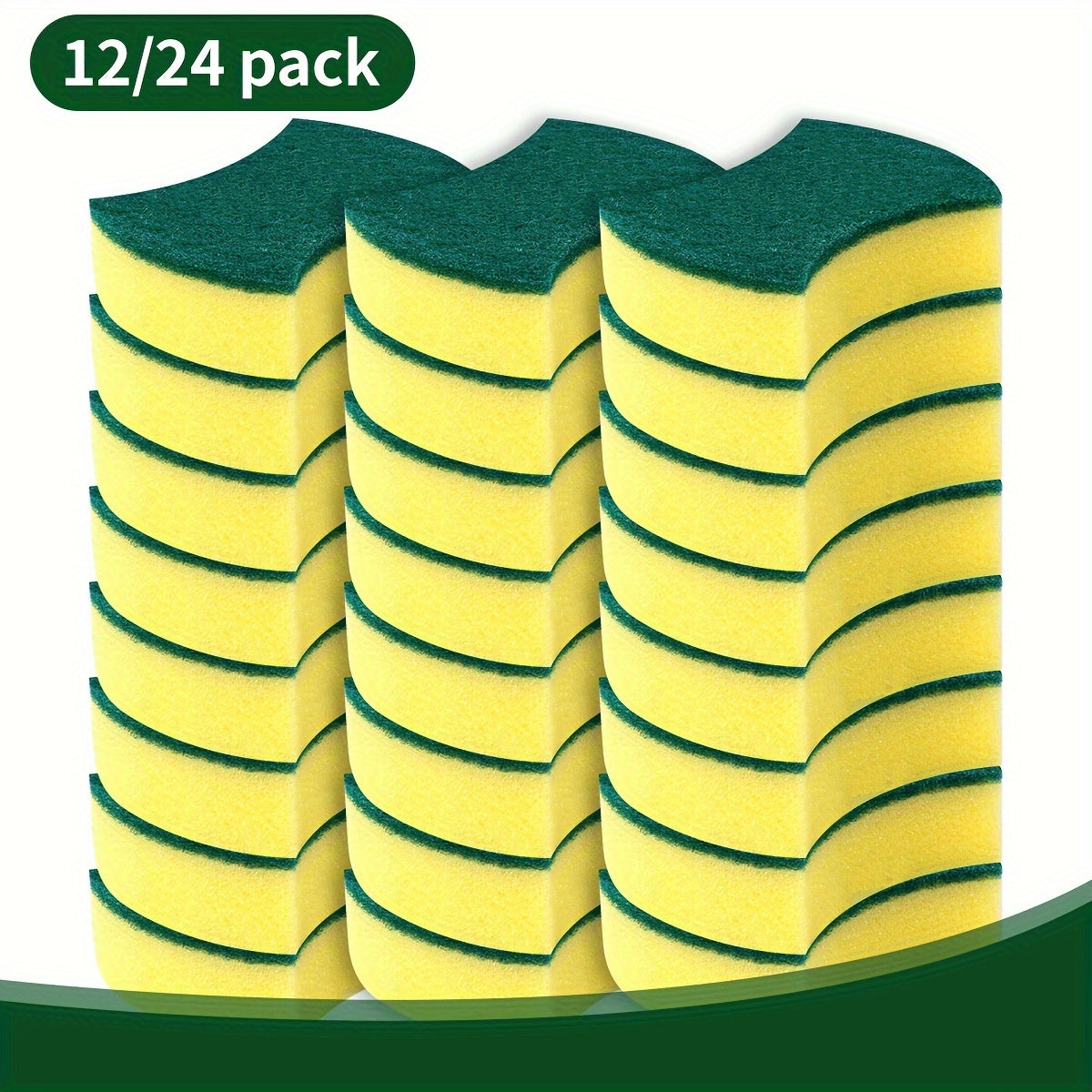 Waist-Shaped Cleaning Sponges in Yellow and Green, 12- or 24-Piece Double-Sided Scouring Pad Options for Compatible Dishwashing and Household Kitchen Cleanup