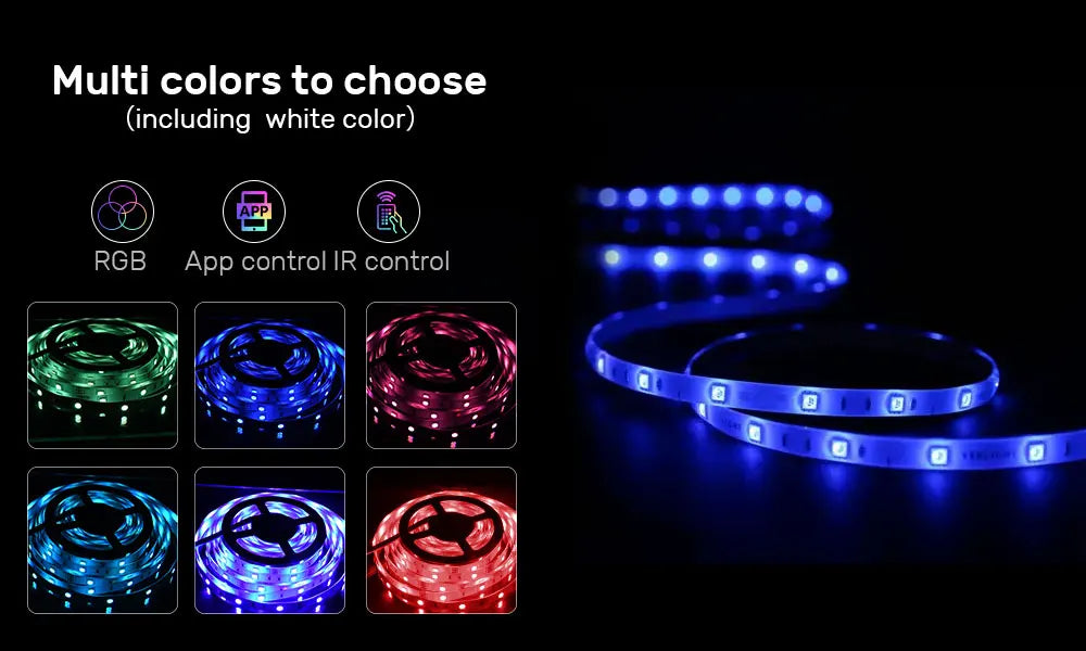 Music Sync RGB LED Strip Lights with 5V USB Power and Bluetooth 24key Option, Nine Lengths from 1m to 30m for Bedroom, TV and Party Accent Decoration