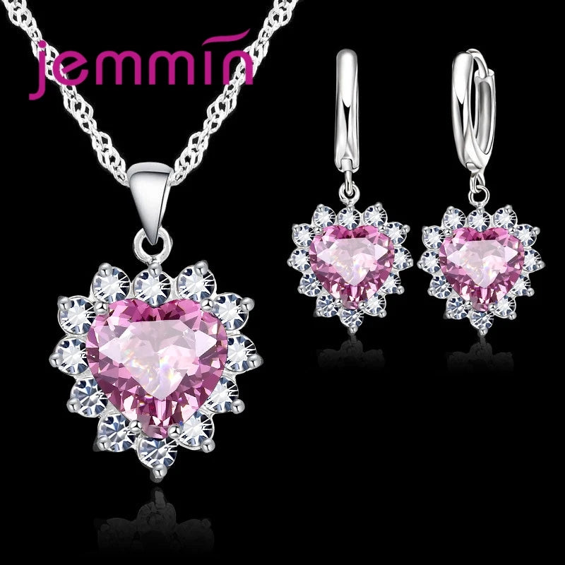 Heart Pendant Jewelry Set with Hoop Earrings and Listed Cubic Zircon Stones, Silver-Color Finish and Ten Gem Color Options for Wedding, Party and Anniversary Styling