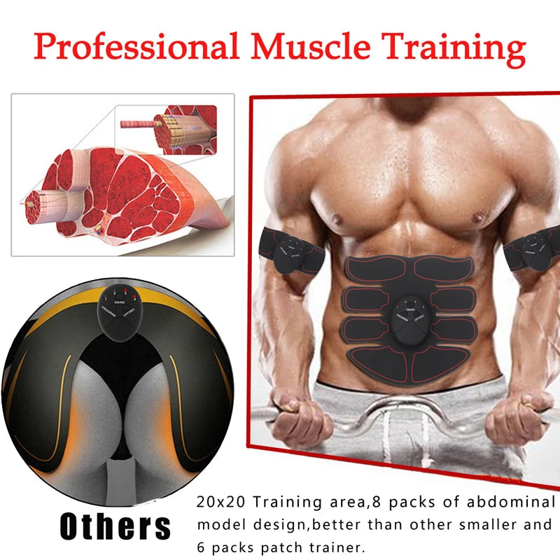 EMS Muscle Stimulator with Six Modes and Push-Button Controls, Black AAA Battery-Powered Fitness Pad in 6 pack ABS, 8 pack ABS or HipTrainer Options