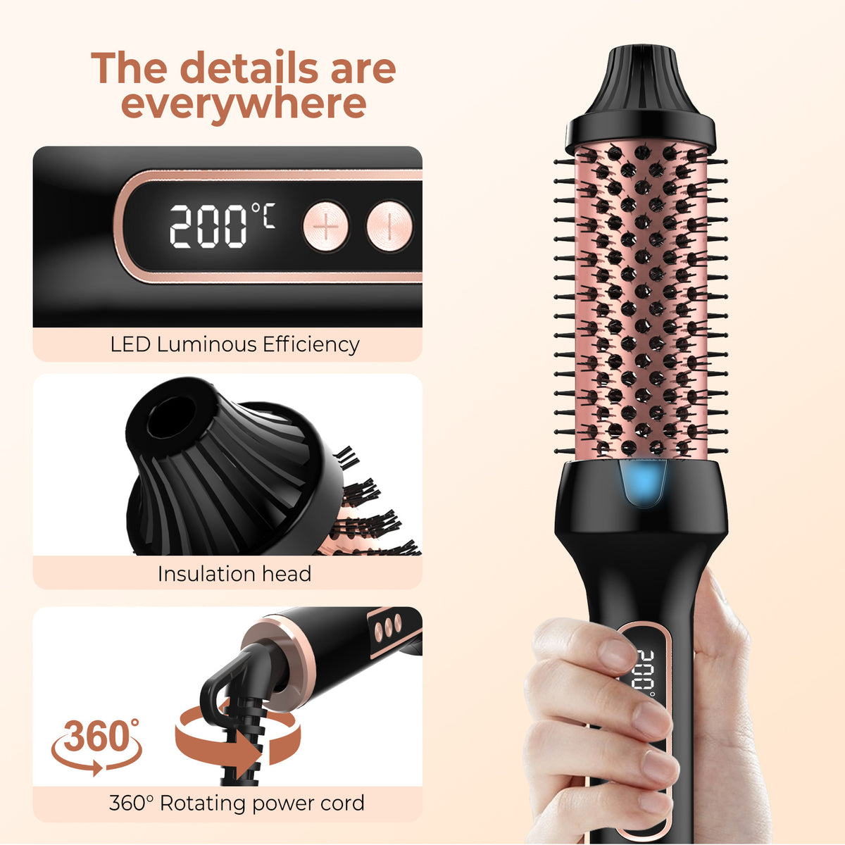 38mm Thermal Styling Brush with Dual PTC Heating, Nine Temperature Settings and 60-Minute Auto Shut-Off, Black Gold Hair Curler and Straightener