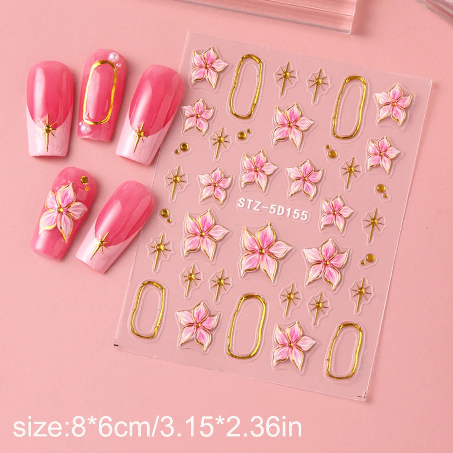 Hibiscus Flower Nail Stickers with Embossed Pink Floral and Golden Ring Details, 2-Piece 5D155 Self-Adhesive Decal Set for DIY Manicures and Party Nail Art