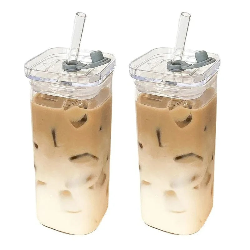 400ml Glass Coffee Cup with Listed Lid and Straw, Transparent Borosilicate Drinkware for Iced Coffee, Milk Tea and Juice with Square Cup and Bamboo Lid Options