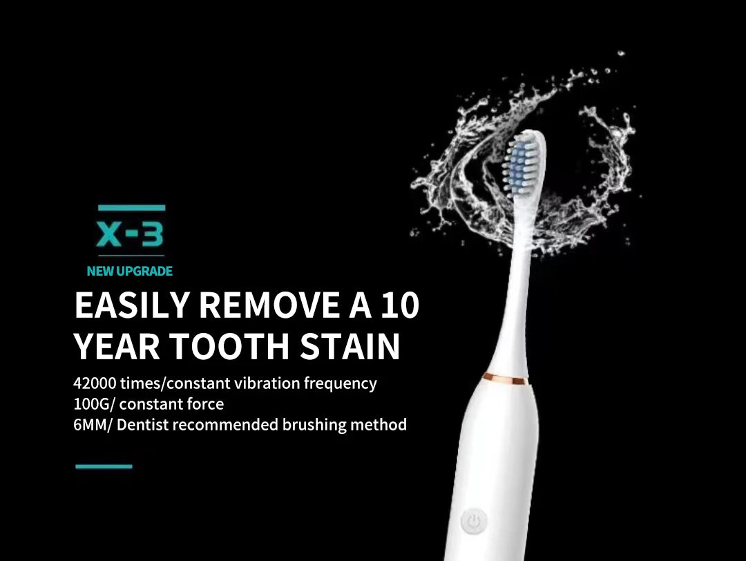 X3 Sonic Electric Toothbrush for Adults, USB Rechargeable Six-Mode Oral Care Brush with Two-Minute Brushing Cycle and 30-Second Zone Reminders