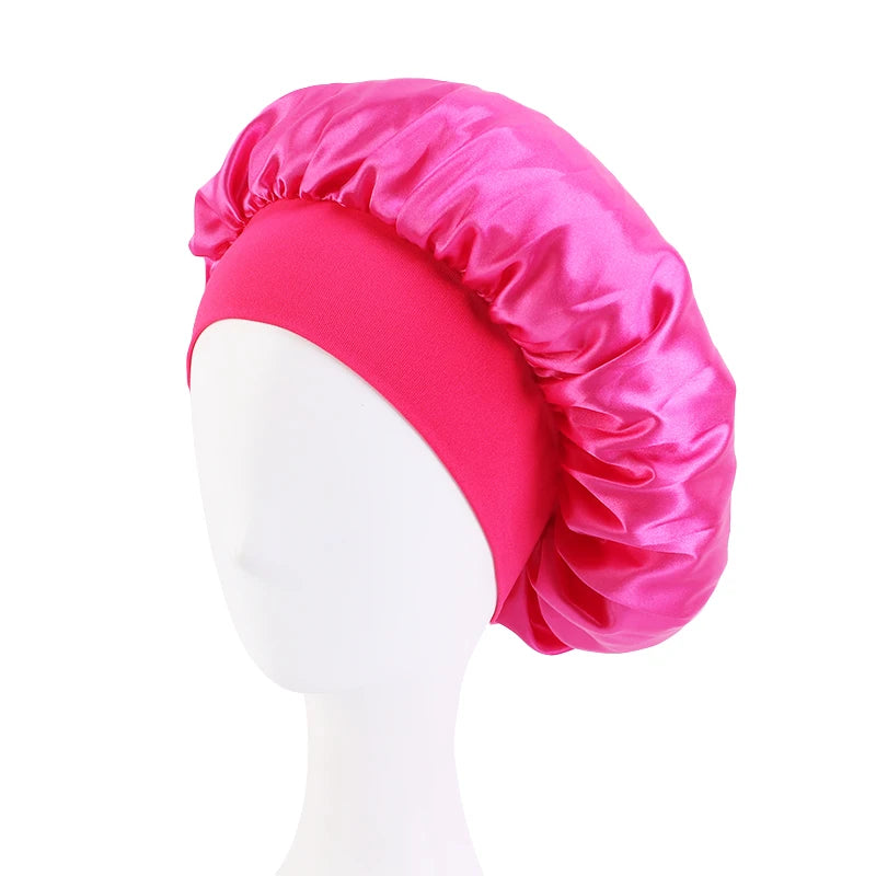 Wide Band Satin Sleep Bonnet with Listed Elastic Hair Wrap Design, Polyester Material Reference and Twenty-Eight Color Labels for Adult Nighttime Hair Styling