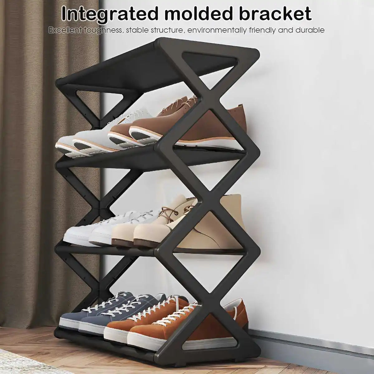 Four-Tier X-Frame Shoe Rack with Steel Tubes and Cloth Shelves, Compact Tool-Free Footwear Organizer for Entryways, Dorm Rooms and Bedroom Storage
