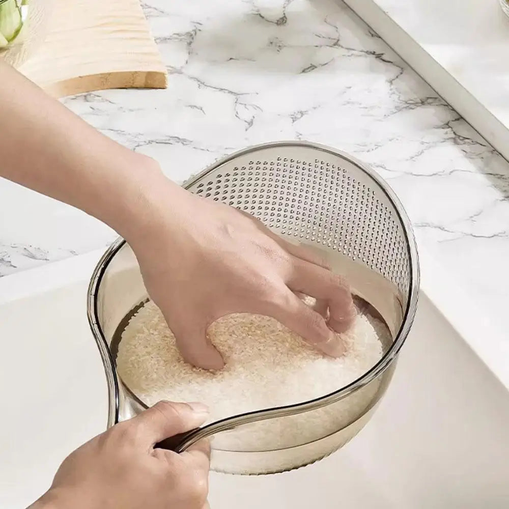 PET Rice Washing Bowl, Side-Draining Kitchen Colander with Handle and Small Bowl Reference, Listed 198 x 293 x 130mm Size in White, Green or Grey