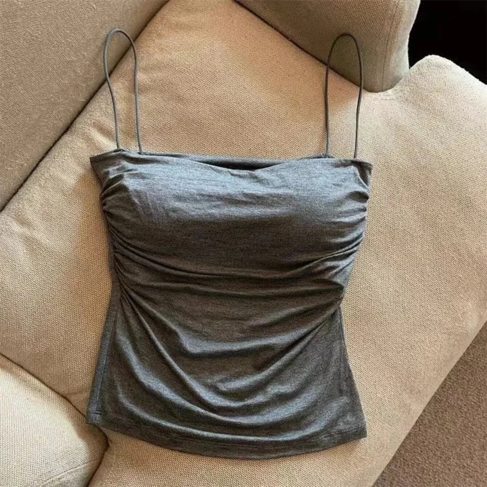 Women's Fixed Pad Crop Top with Thin Straps, Sleeveless Polyester Casual Tank in Red, Black, White or Grey, One Size for Layering and Going-Out Outfits