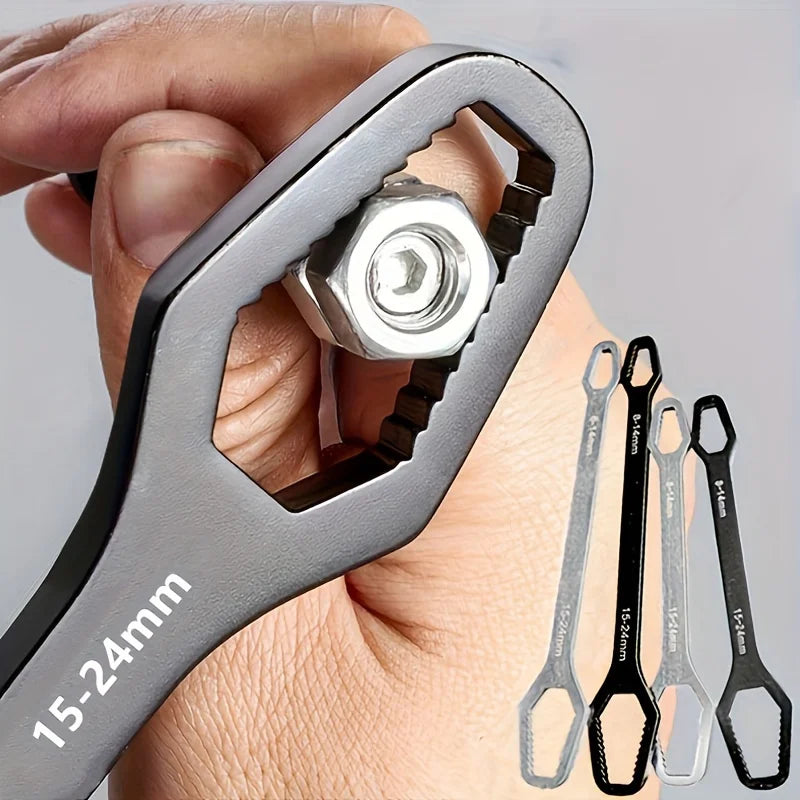 Double Ended Adjustable Wrench in Black, Single Manual Spanner with Listed 3-17mm Self-Tightening Range for Compatible Nuts and Household Repair Tasks