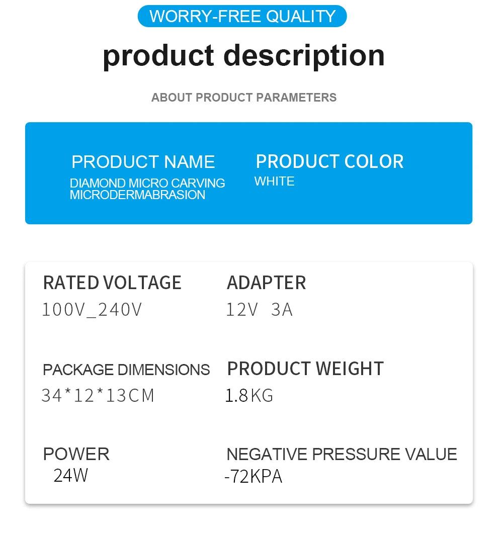 Diamond Microdermabrasion Machine for Adult Facial Care, 3-in-1 Beauty Device with Listed 65–68 cmHg Vacuum and US, UK or AU Option Labels