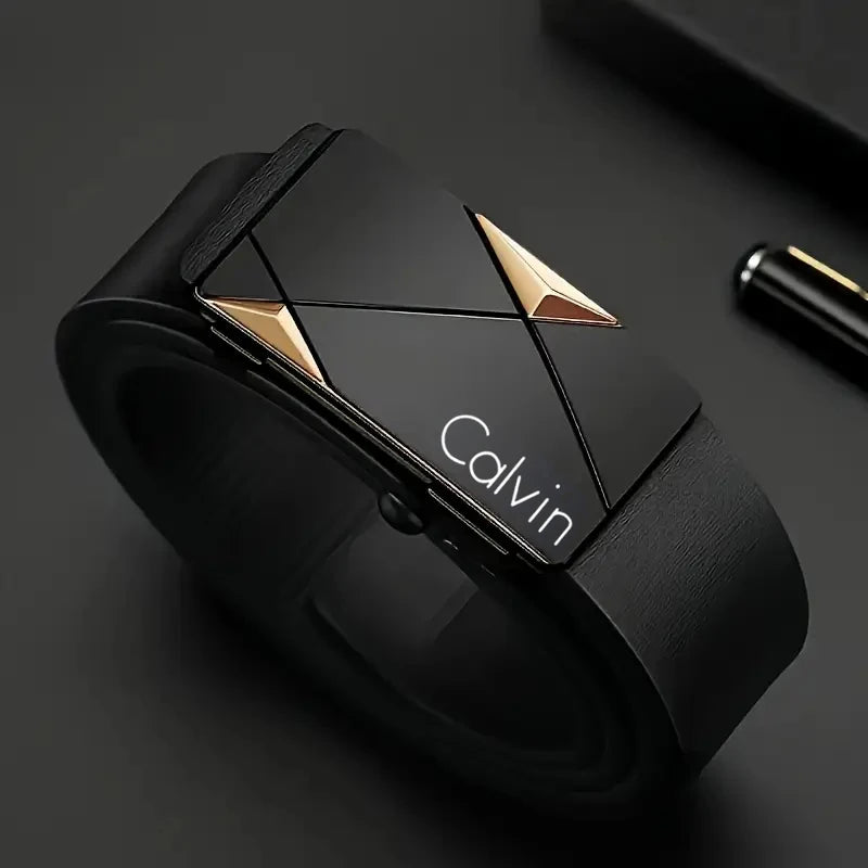 Men's PU Leather Belt with Automatic Buckle, 110cm, 120cm or 130cm Fashion Accessory in CWY Gold, Gun or Silver Styles for Work, Business and Casual Outfits