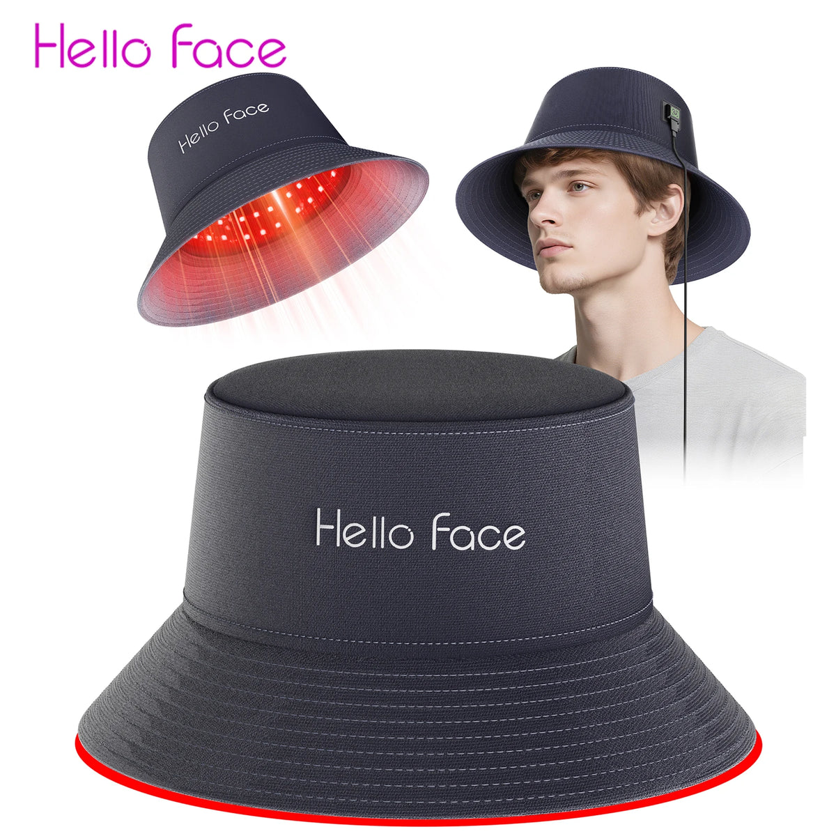 LED Scalp Care Bucket Hat Hello Face T100 with 336 Red and Near-Infrared LEDs, Three Light Modes and Separate With-Controller or Hat-Only Set Options