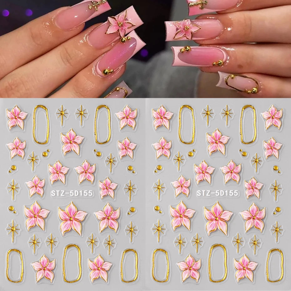 Hibiscus Flower Nail Stickers with Embossed Pink Floral and Golden Ring Details, 2-Piece 5D155 Self-Adhesive Decal Set for DIY Manicures and Party Nail Art