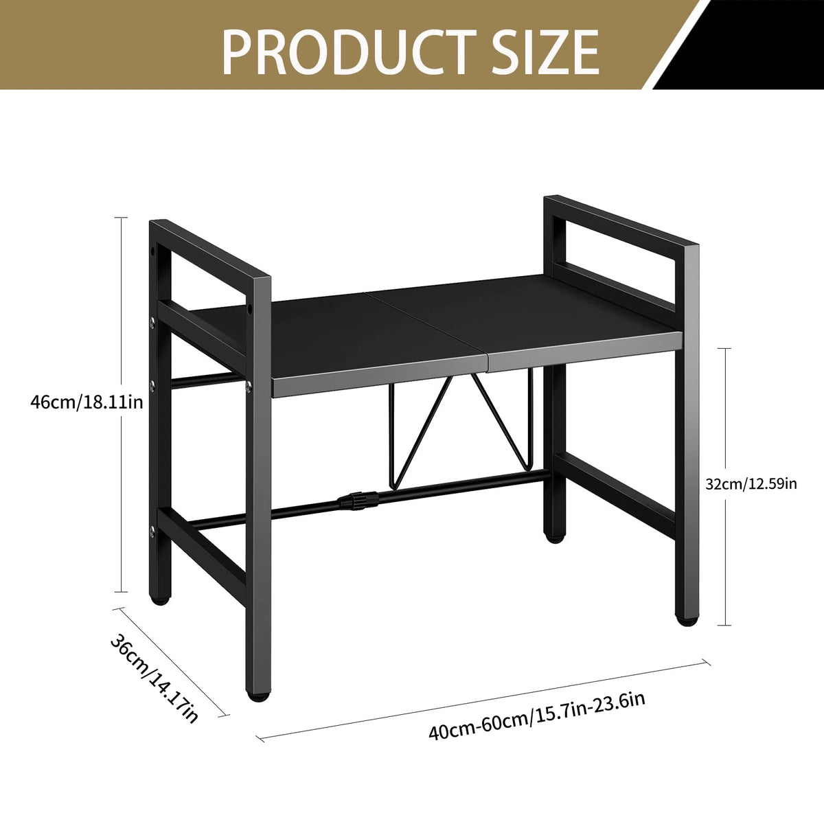 Expandable Microwave Shelf Organizer in Black or White with Listed 42–64cm Adjustable Width, Single Kitchen Rack for Countertop, Pantry and Tableware Organization