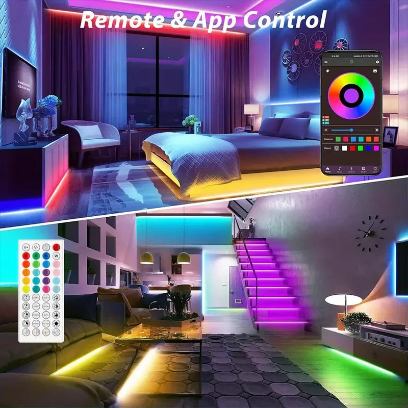 SMD 5050 RGB Bluetooth Light Strip with 5V USB Power, App-Only or 24-Key and 44-Key Remote Options in Six Lengths for Dry Indoor TV and Room Accent Decor