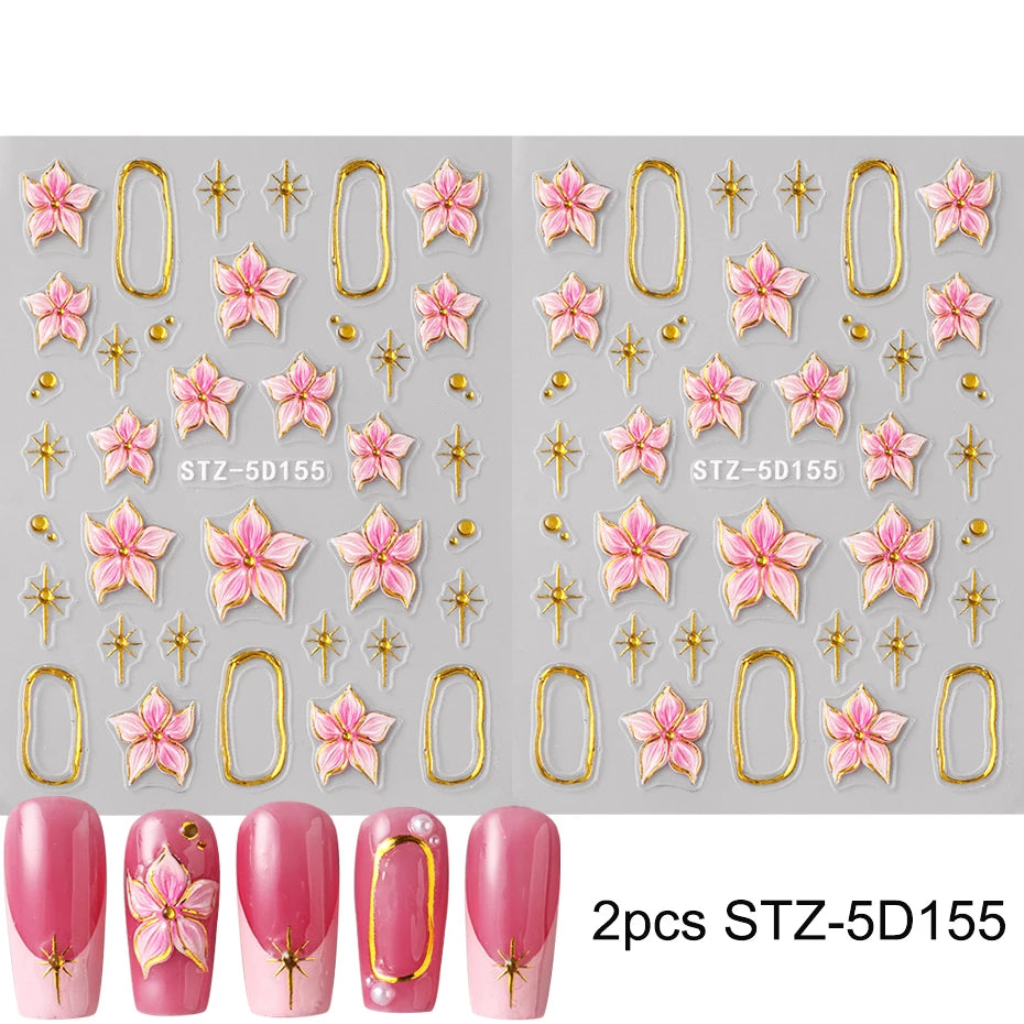 Hibiscus Flower Nail Stickers with Embossed Pink Floral and Golden Ring Details, 2-Piece 5D155 Self-Adhesive Decal Set for DIY Manicures and Party Nail Art