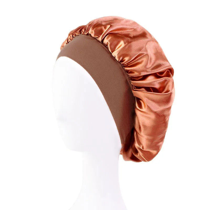 Wide Band Satin Sleep Bonnet with Listed Elastic Hair Wrap Design, Polyester Material Reference and Twenty-Eight Color Labels for Adult Nighttime Hair Styling