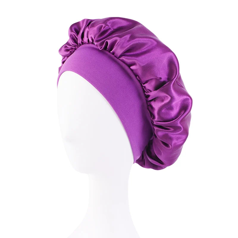 Wide Band Satin Sleep Bonnet with Listed Elastic Hair Wrap Design, Polyester Material Reference and Twenty-Eight Color Labels for Adult Nighttime Hair Styling