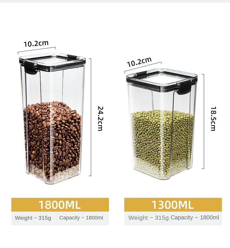 Clear Pantry Storage Jars with White or Black Covers, Five Capacity Options from 460ml to 1800ml and Single-Size Packs or Mixed Five-Size Kitchen Sets