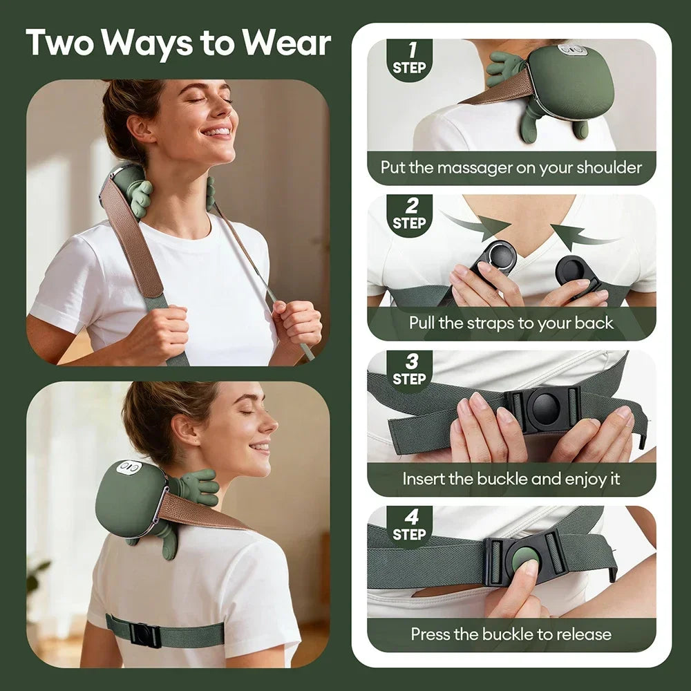 Green Rechargeable Neck and Shoulder Massager with Hands-Free Shawl Design, 3 Kneading Modes, USB Type-C Charging and 10-Minute Timer