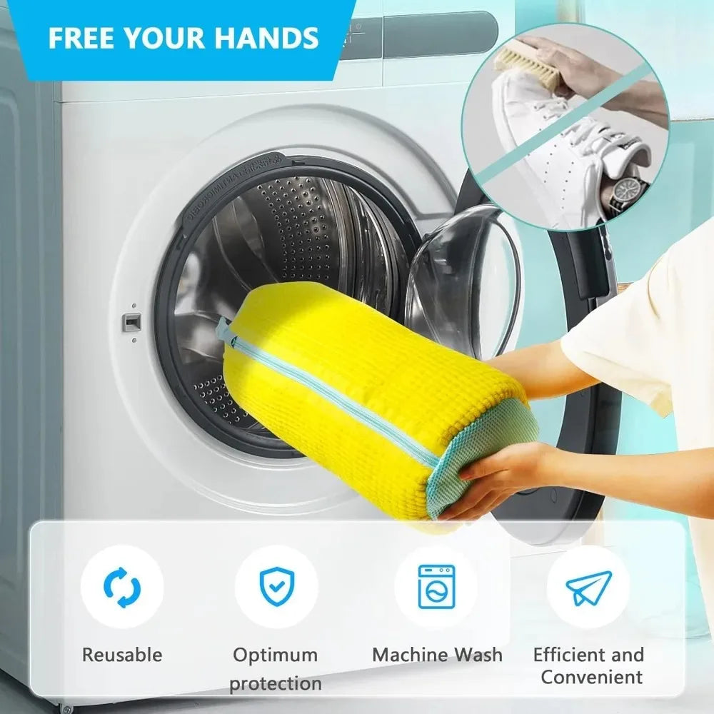 Padded Shoe Washing Bag in Polyester with Fluffy Fiber and Net Design, Single Laundry Accessory in 39X19 Gray or Yellow for Compatible Machine-Washable Footwear